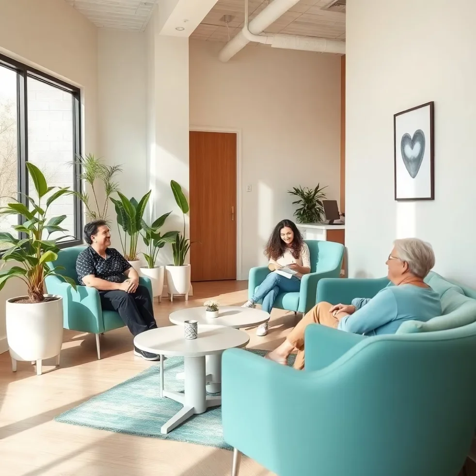 Bright welcoming educational dental clinic with a friendly dental hygiene student and relaxed smiling patient in warm natural light